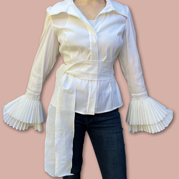 VTG Cache White Ruffle Fan Sleeve Button-Down Shirt w/ Waist Bow Tie Belt Sz 10 - Picture 4 of 6